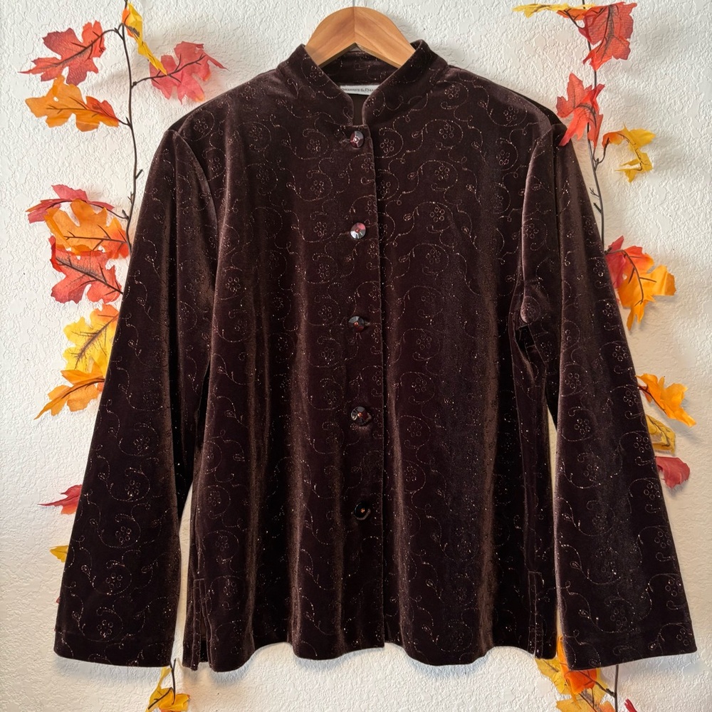 Draper’s & Damon's Brown Vintage Floral Glitter Button Up Shirt Cardigan Size PS